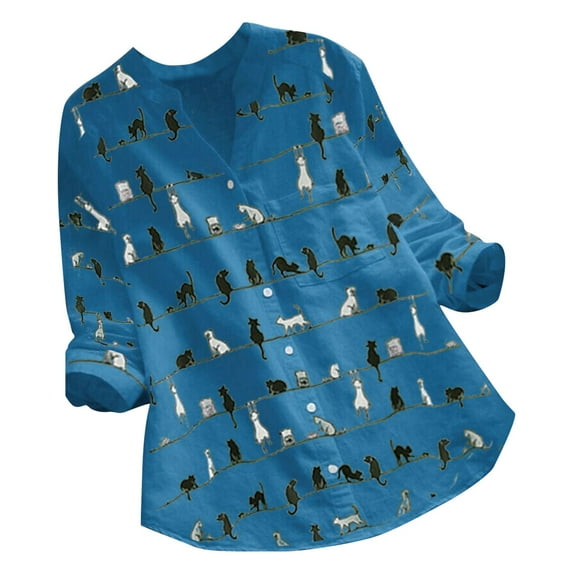 2026 ! Womens asdoklhq Long Sleeve T Shirts for Women,Women Casual Cat Print Long Sleeve V-Neck Button Loose Shirt Top Blouse