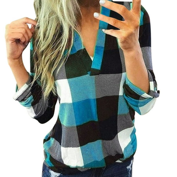 2025 Clearance! Womens Clearance asdoklhq Long Sleeve T Shirts for Women,Women Casual Cotton Long Sleeve Plaid Shirt Women's Slim Jacket Shirt Top