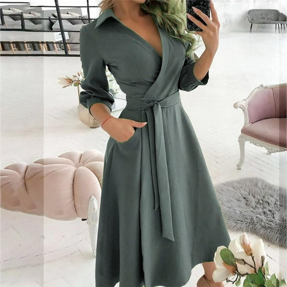 2025 Clearance! Womens Clearance asdoklhq Woman Plus Size Clearance Dresses,Bandage Half Sleeve Solid V-Neck Ankle-Length Dress