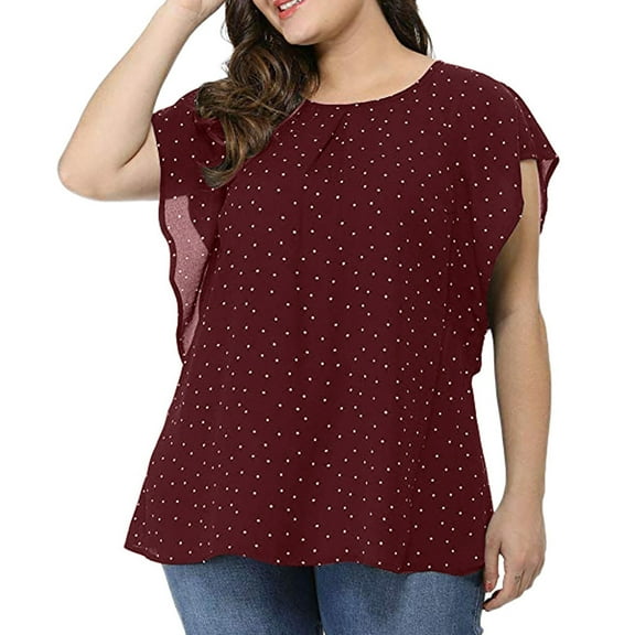 2026 ! Womens asdoklhq Womens Plus Size Tops,Summer Ruffle Sleeve Shirt Top Polka Dot ChiffoBlouse