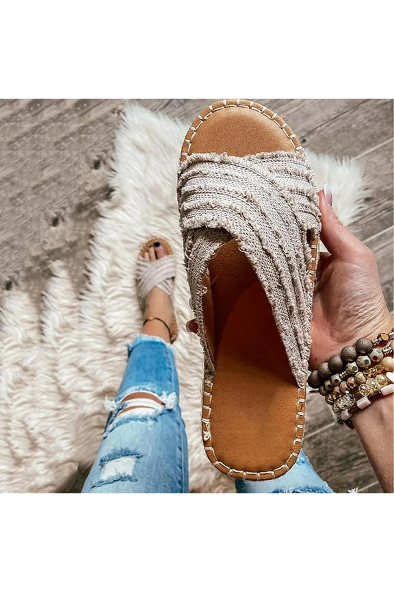 2025 Clearance! Womens Clearance asdoklhq Womens Slide Slippers,Flat Slippers Women New Denim Plush Cross Sandals and Slippers