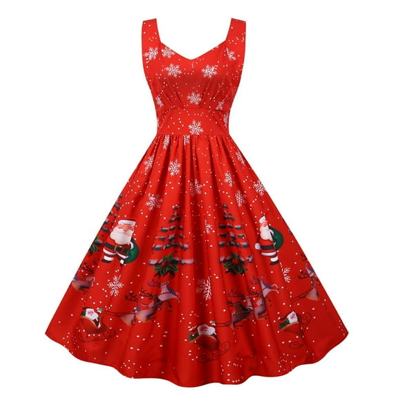 2026 ! Womens Clothes asdoklhq Plus Size Christmas Clothing,Women Casual Christmas Printed Sleeveless Draw Back Swing Party Dress
