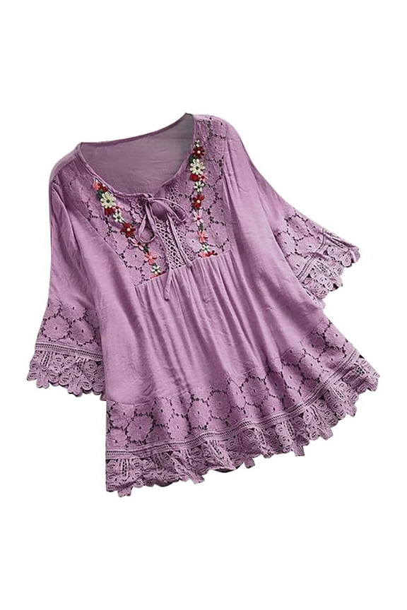 2026! Womens Clothes asdoklhq Long Sleeve T Shirts for Women,Women Vintage Lace Patchwork Bow V-Neck Three Quarter Blouses Top T-Shirt