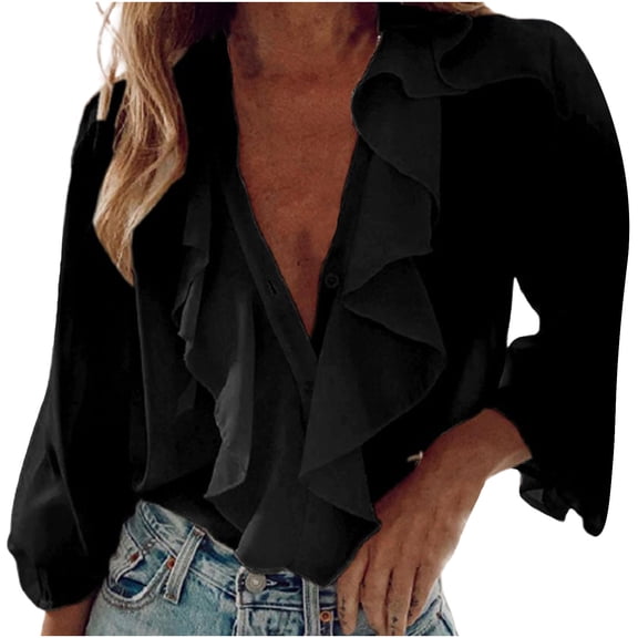 2026 ! Womens Clothes asdoklhq Long Sleeve T Shirts for Women,Women Casual Solid Long Sleeve Ruffle V-Neck Shirt Blouse Tops