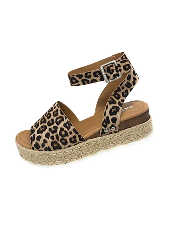 2025 Clearance! 50% Off Clear! asdoklhq Sandals for Women Fashion Sandals Women Leopard Comfy Platform Casual Shoes Summer Beach Travel Brown 43