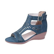 2025 Clearance! Womens Clothes Clearance asdoklhq Wedges for Women Women's Summer New Sandals High Heel Wedge Buckle Sandals Blue 41