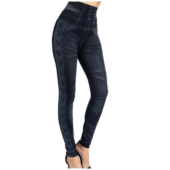 2025 Clearance! Womens Clothes Clearance asdoklhq Women's Plus Size Pants,Imitation Denim Leggings High Waist Side Printed Hip Raising Capris