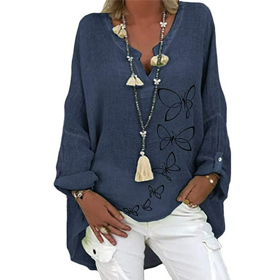 2025 Clearance! Womens Clothes Clearance asdoklhq Womens Plus Size Clearance,Casual Long Sleeve Floral Print Loose V-neck Shirt Blouse Top