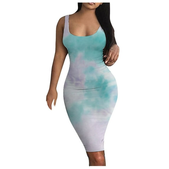 2025 Clearance! Womens Clothes Clearance asdoklhq Womens Plus Size Clearance Dresses,Women's Gradient Print Sleeveless Tight O-Neck Short Dress Summer Dresses