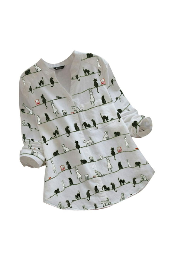 2025 ! Womens Clothes asdoklhq Womens Plus Size Tops,Women Casual Cat Print Long Sleeve V-Neck Button Loose Shirt Top Blouse