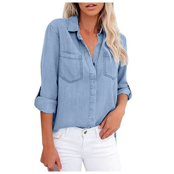 2026 ! Womens Clothes asdoklhq Womens Plus Size Tops,Women Casual Denim V -neck Pocket Back Split Long Sleeved Shirt Top