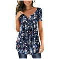 thumbnail image 1 of 2025 Clearance! asdoklhq 2025 Summer Fall Plus Womens Tops,Ladies Tops Clearance,Womens Shirts under $5,Women Fashion V- Neck Floral Printed Tunic Tops Buttons Short Sleeve T-Shirt, 1 of 7