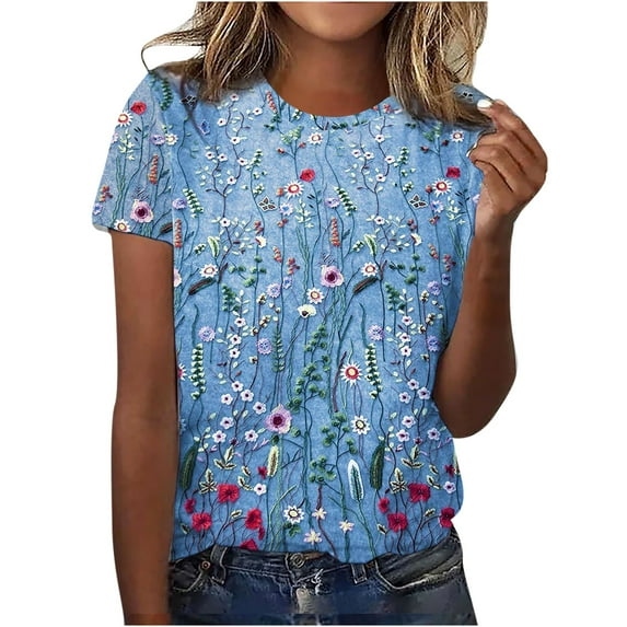 2025 Clearance! asdoklhq 2025 Summer Fall Plus Womens Tops,Ladies Tops Clearance,Womens Shirts under $5,Women's Fashion Printed T-Shirt Short Sleeves Blouse Round Neck Casual Tops