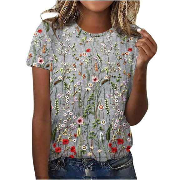 2026 ! asdoklhq 2026 Summer Fall Plus Womens Tops,Ladies Tops ,Womens Shirts under $5,Women's Fashion Printed T-Shirt Short Sleeves Blouse Round Neck Casual Tops