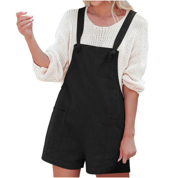 2026 ! asdoklhq 2026 Summer Fall Shorts for Women $5, Womens Plus size Women's Cotton and Linen Double Pocket Bib Jumpsuit Loose Suspender Solid Color Jumpsuit