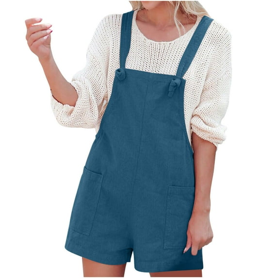 2026 ! asdoklhq 2026 Summer Fall Shorts for Women $5, Womens Plus size Women's Cotton and Linen Double Pocket Bib Jumpsuit Loose Suspender Solid Color Jumpsuit