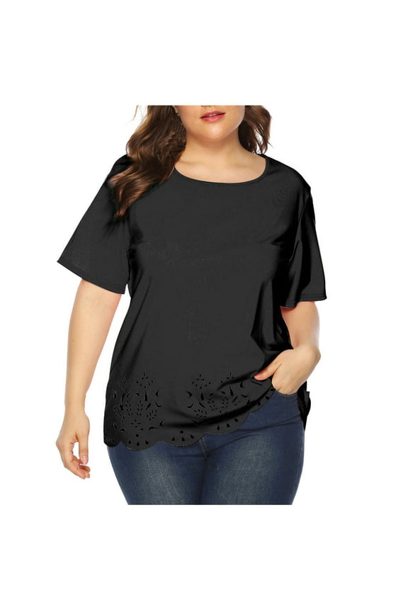 2026 ! asdoklhq Blouse for Women,Women's Tops Large Solid Color Short Sleeve Round Neck Shirt Tops