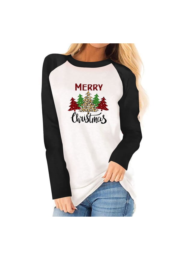 2026 ! asdoklhq Christmas Clothing Under $5.00,Women's Christmas Shirt Holiday Season- Gift for Lover Long Sleeve T-shirt Ladies Fit Color Matching Stitching T-shirt