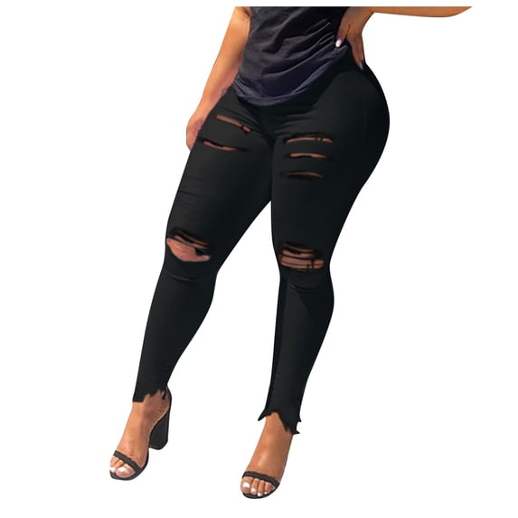 2026 ! asdoklhq Jeans for Women Plus Size,Women Slim Washed Ripped Hole Gradient Long Jeans Denim Regular Pants