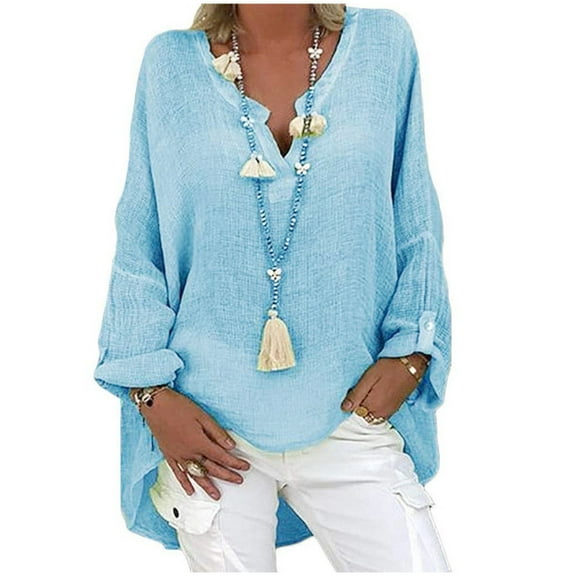 2026 ! asdoklhq Long Sleeve T Shirts for Women,Plus Size Women Casual Long Sleeve Solid Color Loose V-neck Shirt Blouse Top
