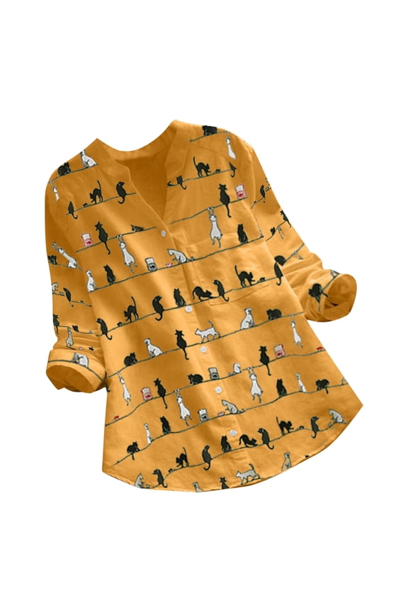 2026 ! asdoklhq Long Sleeve T Shirts for Women,Women Casual Cat Print Long Sleeve V-Neck Button Loose Shirt Top Blouse