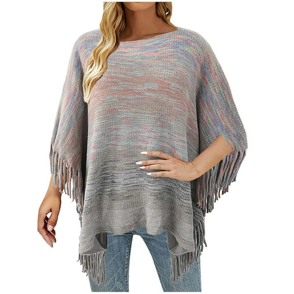 2026 ! asdoklhq Plus Size Womens,Plus Size Women Tassel Fringed Cloak Sweater Striped Fringe Tops