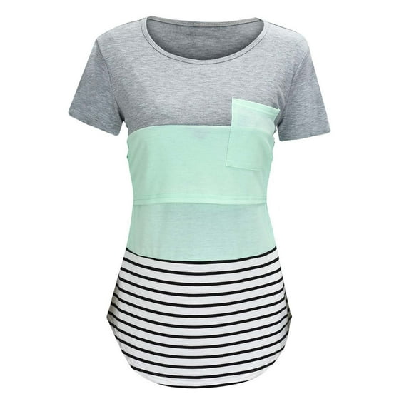 2026 ! asdoklhq Pregnant Clothes s Maternity Womens Nursing Stripe Round Neck Short Sleeve Round Neck Breastfeeding Blouse With Pocket