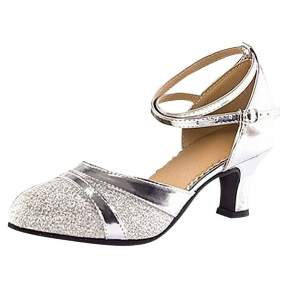 2025 Clearance! asdoklhq Sandals for Women Women's Ballroom Tango Latin Salsa Dancing Shoes Sequins Shoes Social Dance Shoe Silver 36