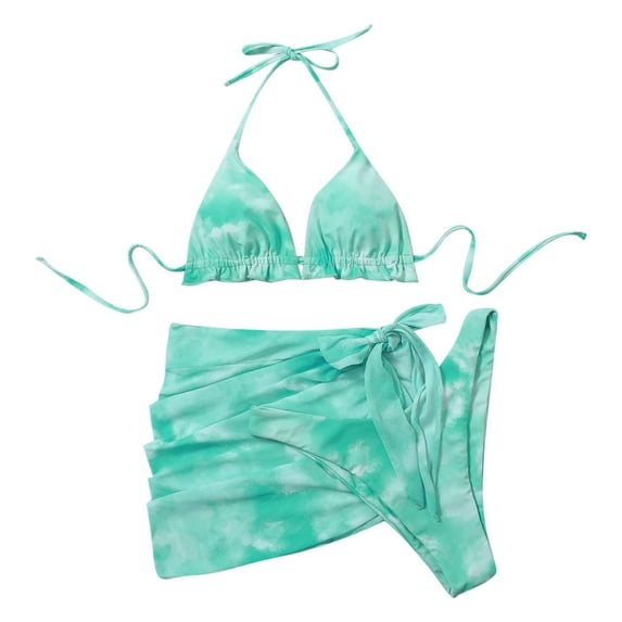 2025 Clearance! asdoklhq Swimsuits for Women Plus,3 Piece Set Women Tie-dye Halter Bikini Sarongs Cover Up Swimwear Swimsuit Beach