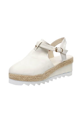 2025 Clearance! asdoklhq Wedges for Women Women Sandals Vintage Wedge Buckle Strap Straw Thick Bottom Flats Female Shoes Beige 43
