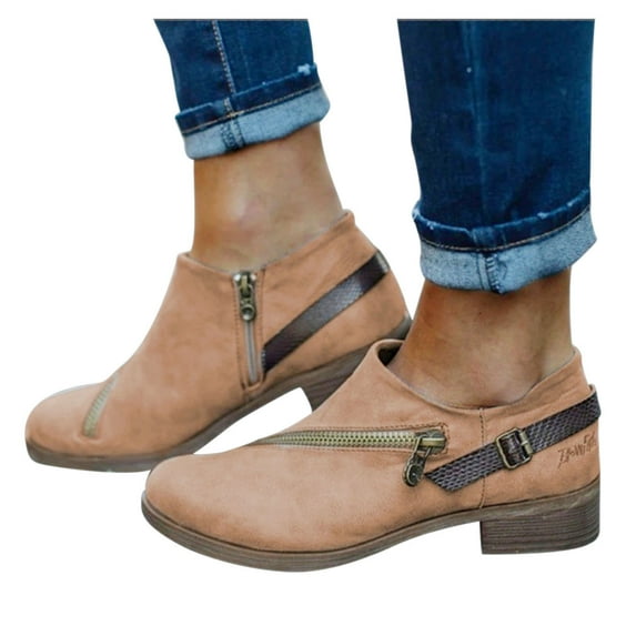 2025 Clearance! asdoklhq Womens Casual Shoes,Large Size Zipper Belt Nude Boots Low-heel Breathable Leather Ankle Boots
