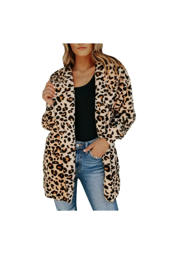 2025 Clearance! asdoklhq Womens Clearance Coats Plus Size Women's Leopard Faux-Fur Fuzzy Warm Winter Oversized Outwear Long Coat