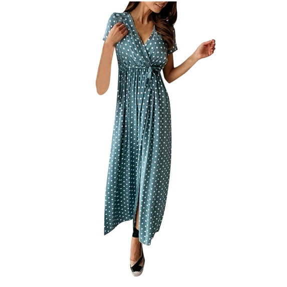 2025 Clearance! asdoklhq Womens Maxi Dress Under $10,Women's V-neck Bohemian Polka Dot Print Short Sleeve Dress Long Skirt