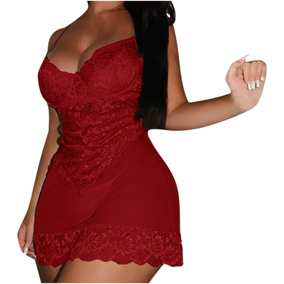 2025 Clearance! asdoklhq Womens Plus Size Clearance Dresses Under $15Women Lace Sling Vest Hollow Mesh See-Through Ladies Nightdress Set