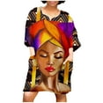 thumbnail image 1 of 2025 Clearance! asdoklhq Womens Plus Size Clearance Dresses,Women African Vintage Print Middle Sleeve V Neck Casual Mini Dress, 1 of 7