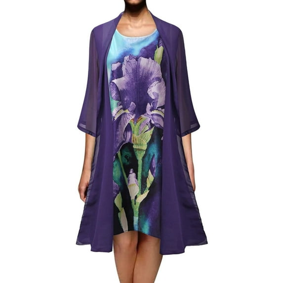2025 Clearance! asdoklhq Womens Plus Size Clearance Dresses,Women Knee Length Dress Plus Size Floral Print Tank Dress With Half Sleeve Chiffon Shawl Cardigan Two Piece Dresses Suit