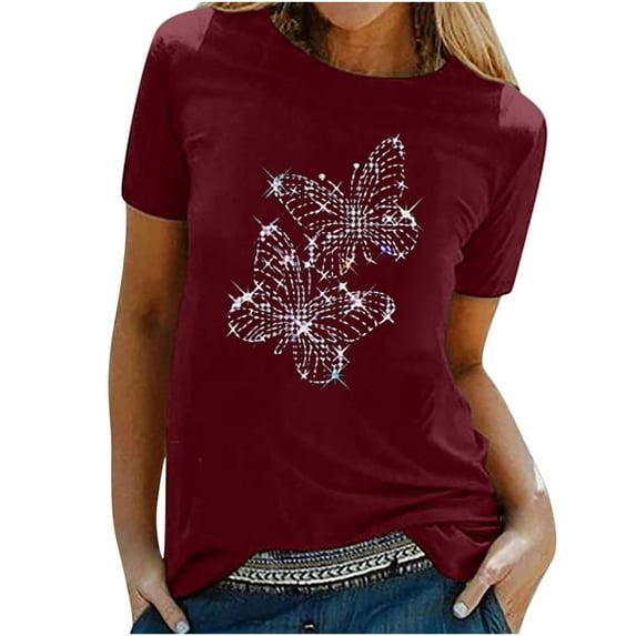 2025 Clearance! asdoklhq Womens Plus Size Clearance,Women's Shirt Tees Funny Cute Short Sleeve Fall T Shirt Butterfly Print Shirt Gift Tops Blouse Gift for Women