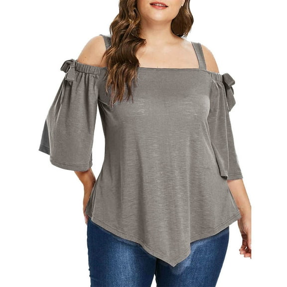 2026 ! asdoklhq Womens Plus Size Tops，Women Casual Plus Size Asymmetric Cold Shoulder Top T-shirt Bow Blouse