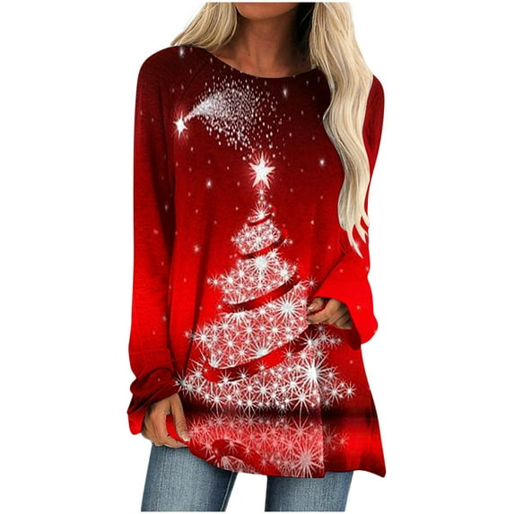 2025 Clearance! asdoklhq Womens Plus Size Tops Clearance,Women Long Sleeves Floral Casual Shirts Solid O-Neck Pullover Loose Tunic Tops Christmas Tree Print Round Neck Long Dleeve Blouse