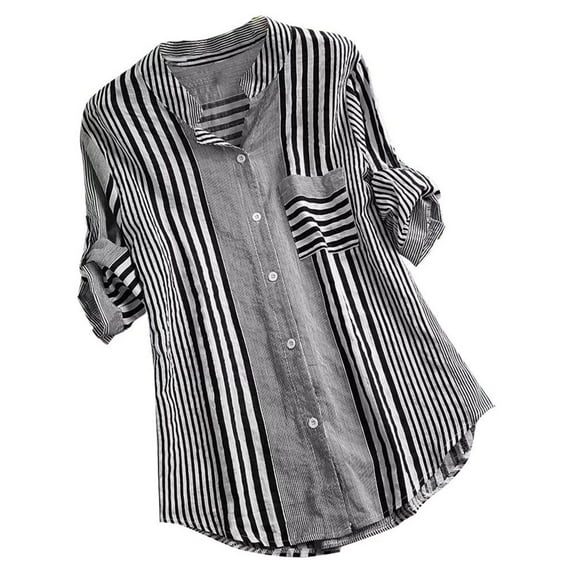 2025 Clearance! 50% Off Clear! asdoklhq Long Sleeve T Shirts for Women,Women Plus Size Three Quarter Striped Print V-Neck Loose Fit Top T-Shirt Blouse