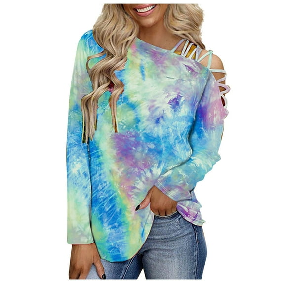 2026 ! asdoklhq Womens Plus Size Tops,Women Printed Tie-Dye Hollow Out O-Neck Long Sleeve Casual Tee Tops Blouse