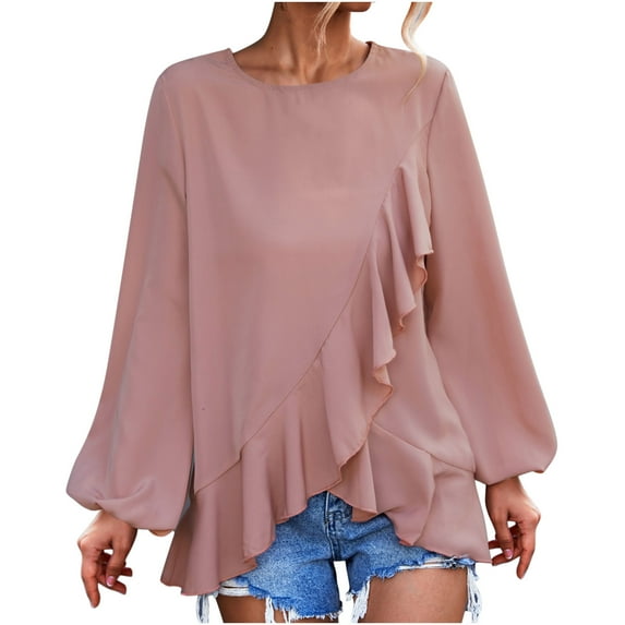2025 Clearance! asdoklhq Womens Plus Size Tops Clearance,Women's Spring And Autumn Casual Temperament Round Neck Solid Color Lantern Sleeve Ruffle Irregular Long Sleeve Top