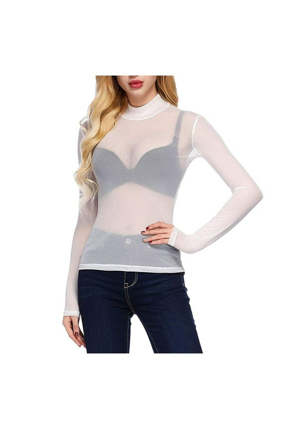 2026 ! asdoklhq Womens Plus Size Tops,Womens Long Sleeve High Neck Arm Shaper Top Sheer Mesh Yoke Casual Blouse Shirt