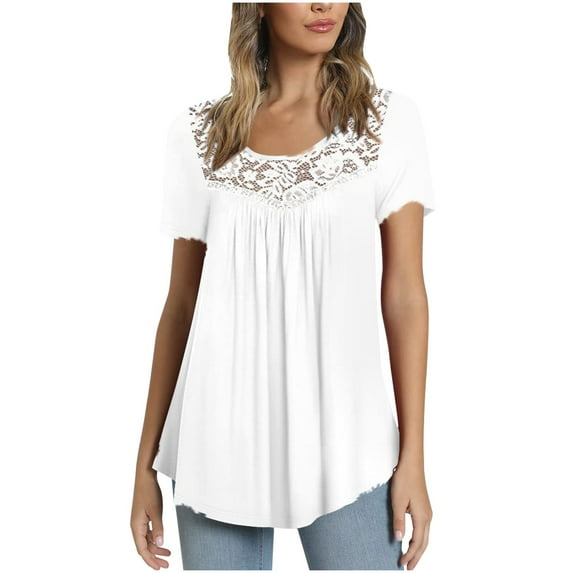 2026 ! asdoklhq Womens Plus Size Tops,Women's Lace Patchwork Printed Round Neck Short Blouse Tops