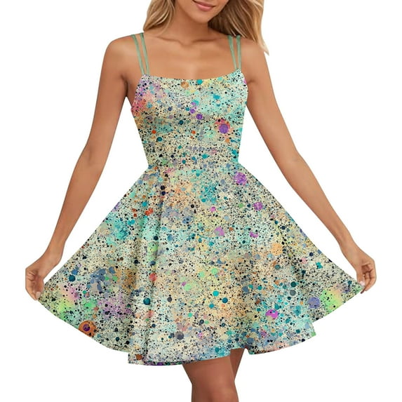 2025 Clearance under $5 Viikei Women's Party Sleeveless Dress,Women's Valentine's Day Sparkling Print Cute Retro Strap Dress Green L