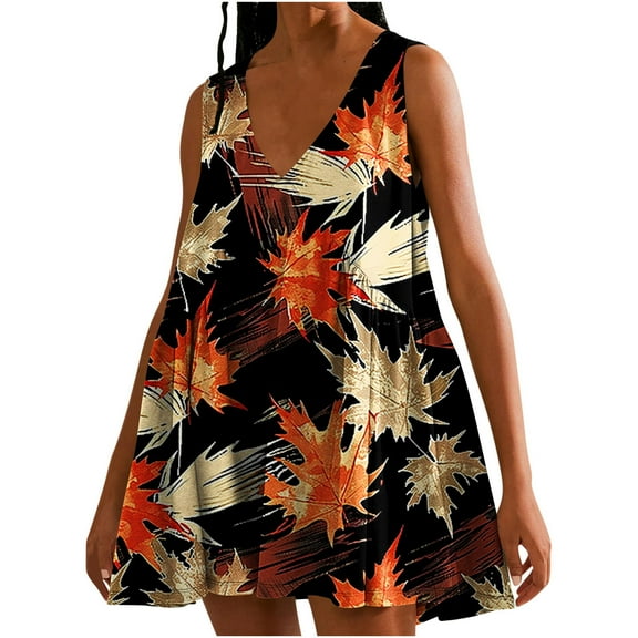 Viikei Womens Summer Dresses Plus Size,Women's Summer Print Casual Loose Sleevless V-Neck Dress Orange M