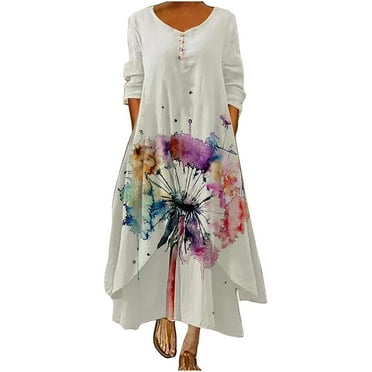 2025 Clearance under $5 asdoklhq Ladies Dresses Clearance $5,Women's Retro Style Printed Long Sleeved Loose Hem Irregular Long Dress