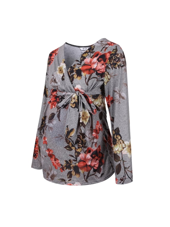 2026 under $5 asdoklhq Maternity Clothes for Women,Autumn Maternity V-neck Flowers Printing Long Sleeve Housewear Pregnant Tops