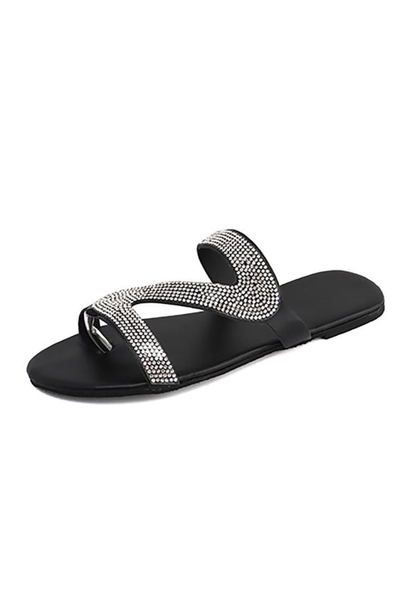 2025 Clearance under $5 asdoklhq Slippers for Women Summer,Women's Casual Solid Crystal Roman Plus-size Flat Slippers Sandals Shoes