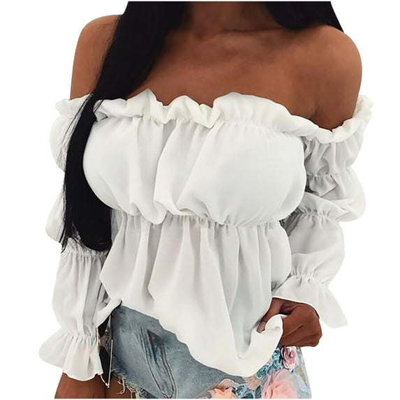 2026 under $5 asdoklhq Womens Plus Size $5,Women's Off-Shoulder Strapless Solid Color Long Sleeve Shirt Blouse Top